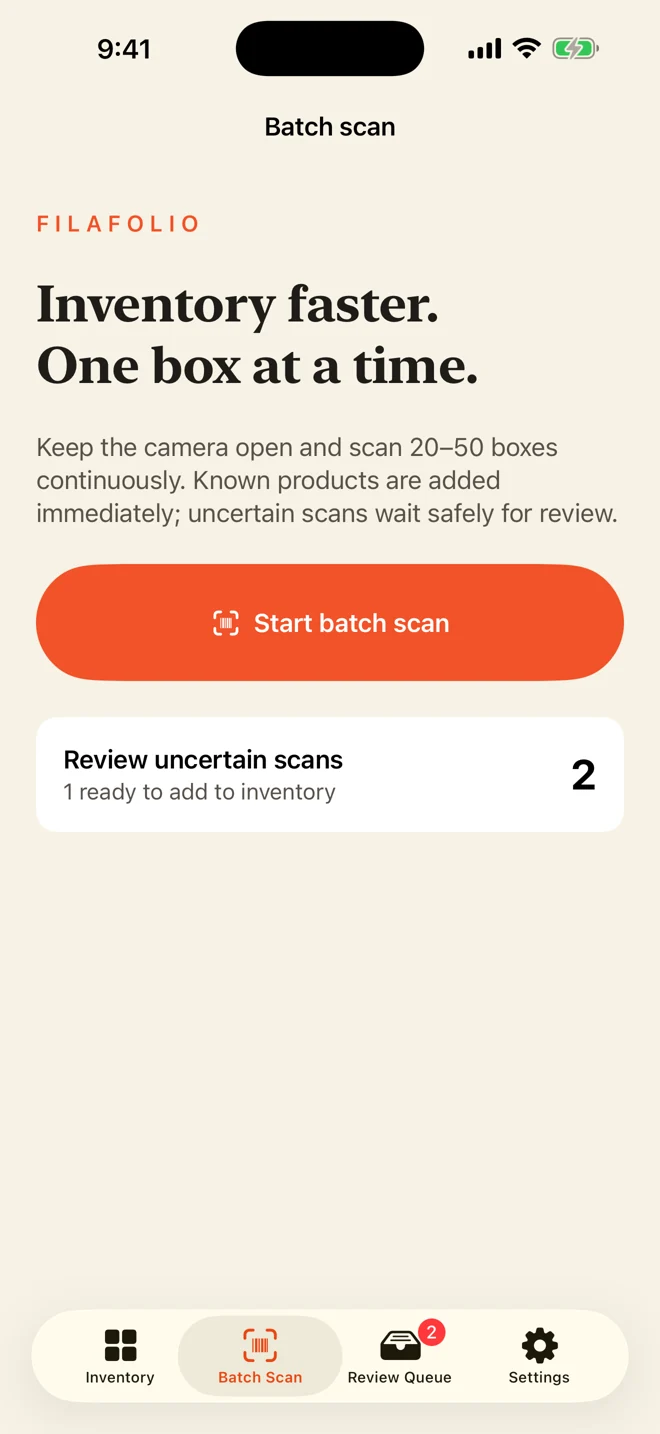 Filafolio batch scan screen with a start scan button and uncertain scans awaiting review